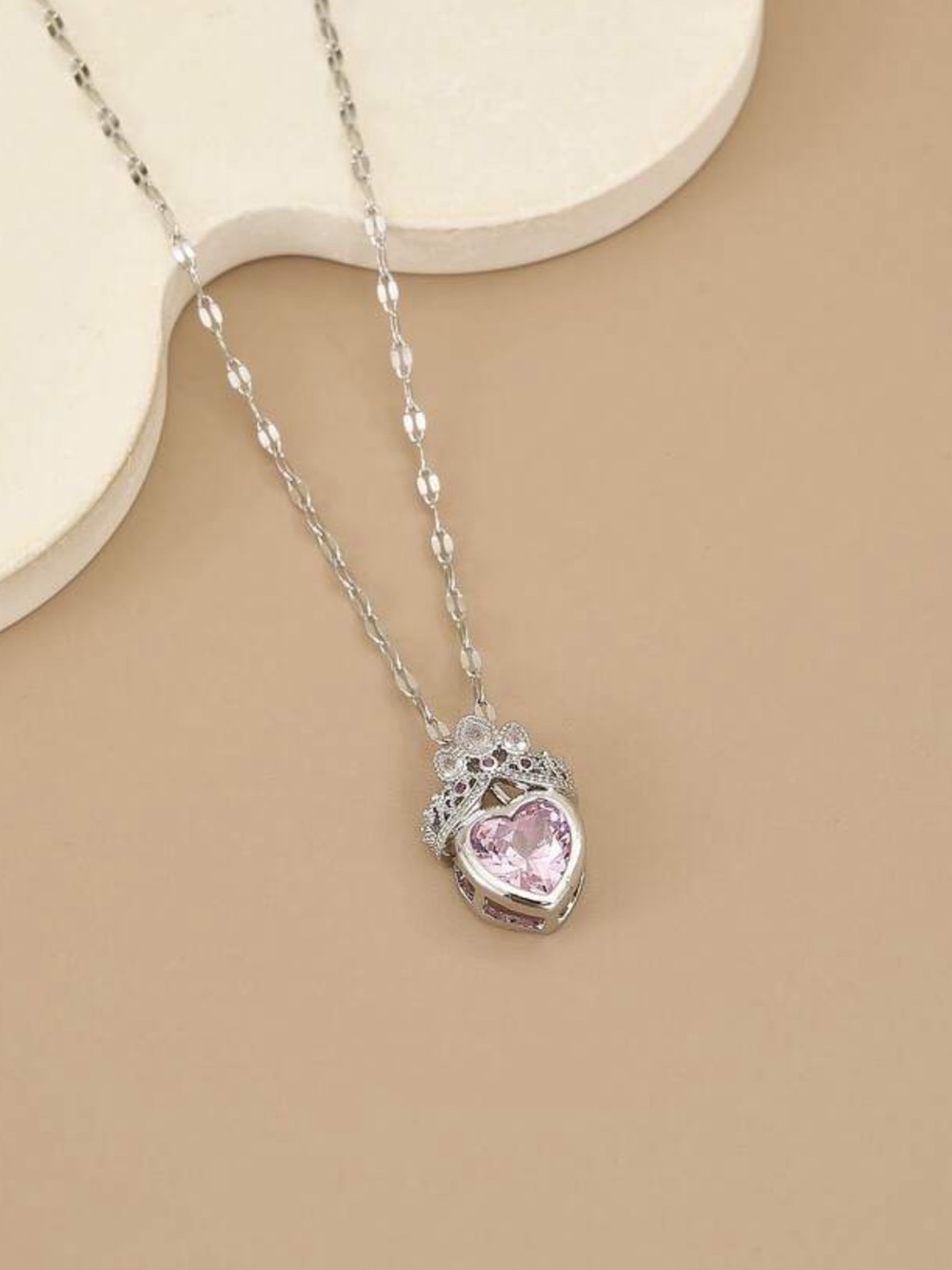 Women’s Silver Stainless Steel Pink Zirconia Adjustable Heart Necklace - NWT - Picture 2 of 3